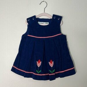 Vintage Alyssa Navy Corduroy Jumper Dress Tulip Applique Sleeveless Size 2T